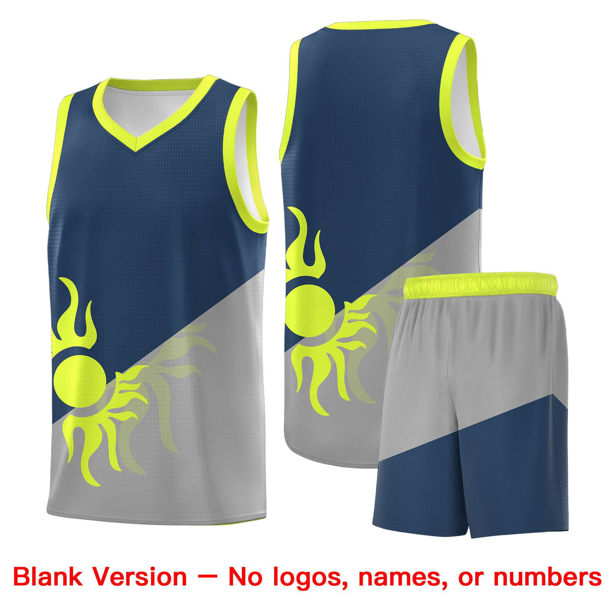 Custom Youth Basketball Jerseys - Gray Midnight Blue Radiant Sun Design Two Tone Uniforms