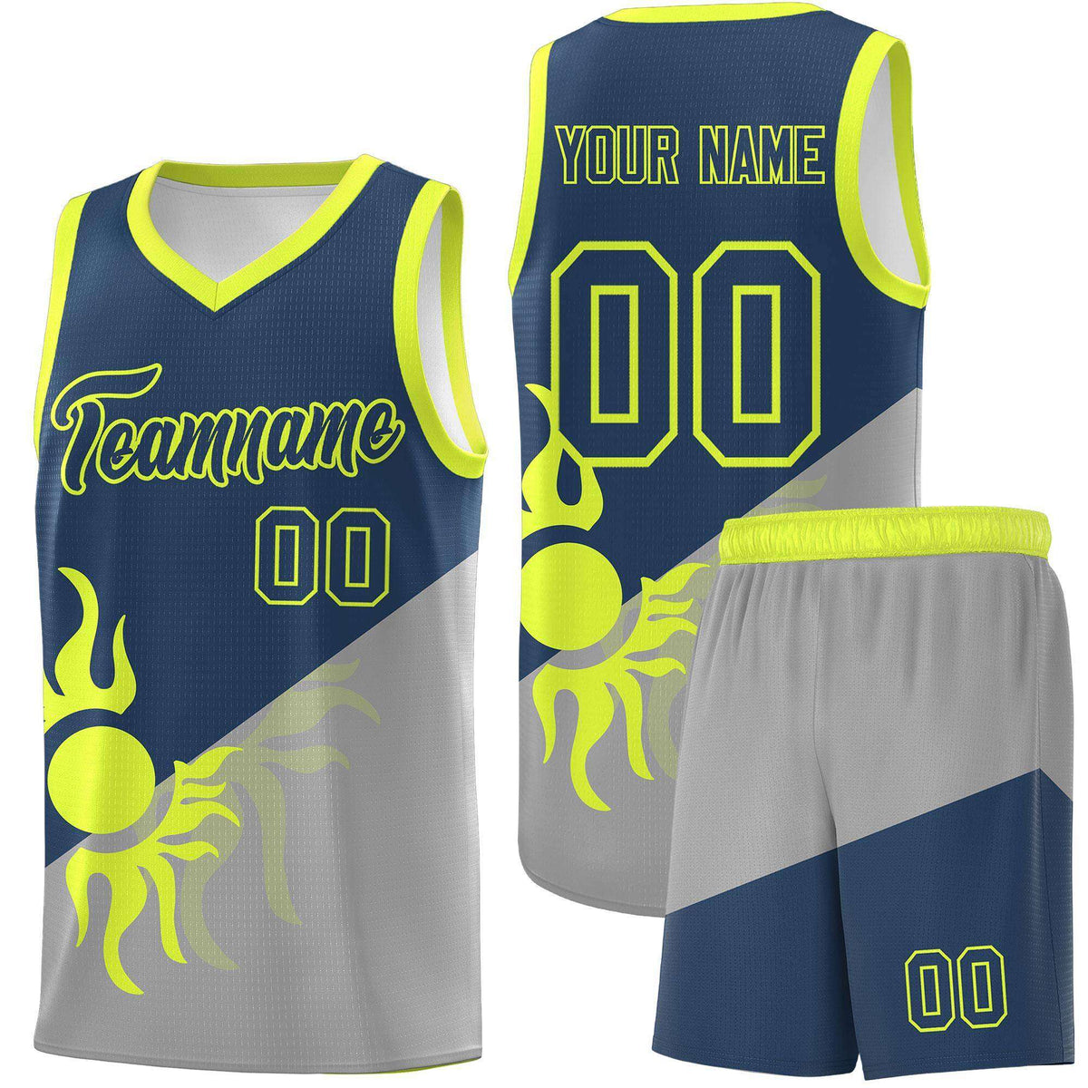 Custom Youth Basketball Jerseys - Gray Midnight Blue Radiant Sun Design Two Tone Uniforms