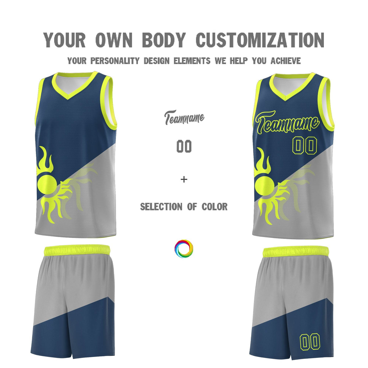 Custom Youth Basketball Jerseys - Gray Midnight Blue Radiant Sun Design Two Tone Uniforms