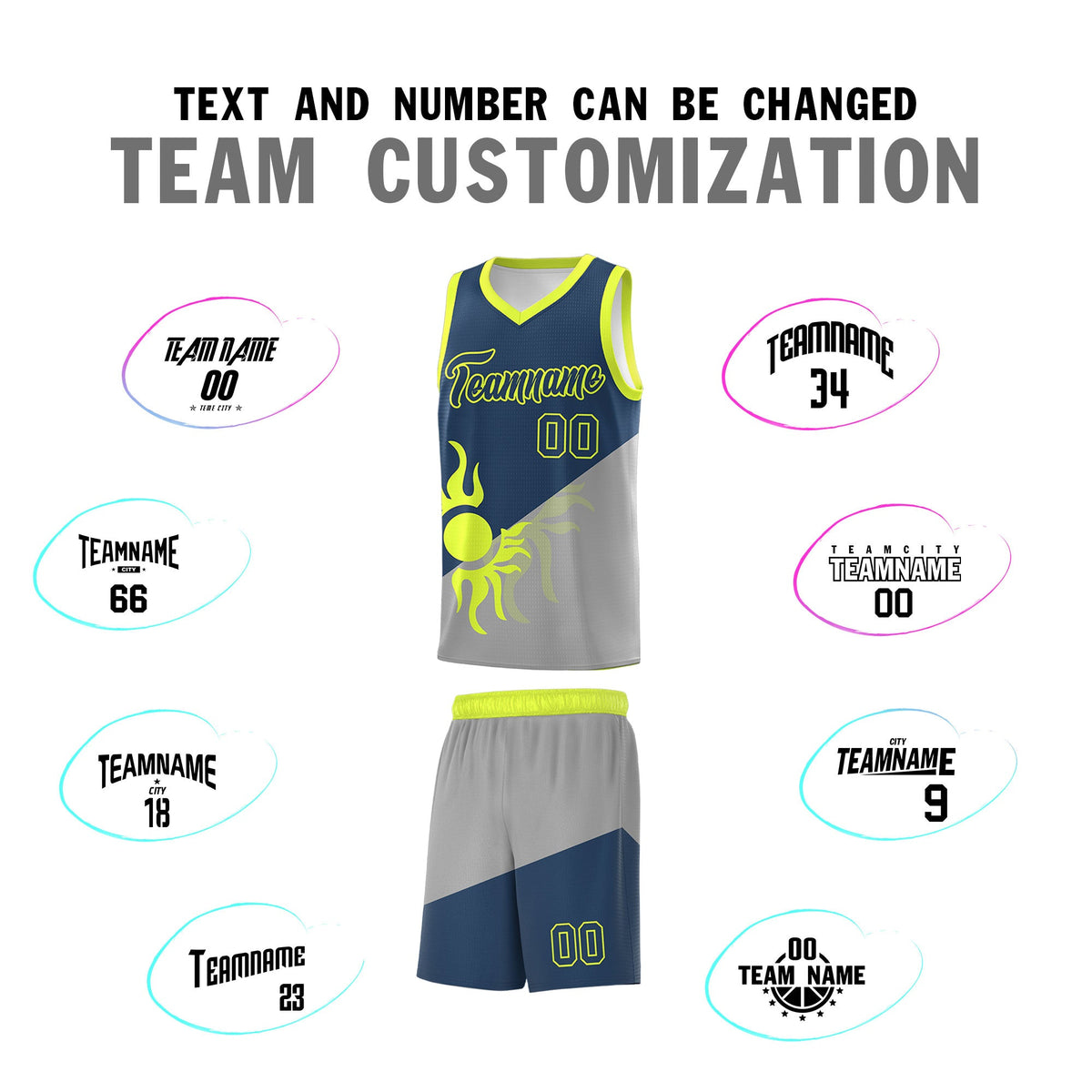 Custom Youth Basketball Jerseys - Gray Midnight Blue Radiant Sun Design Two Tone Uniforms