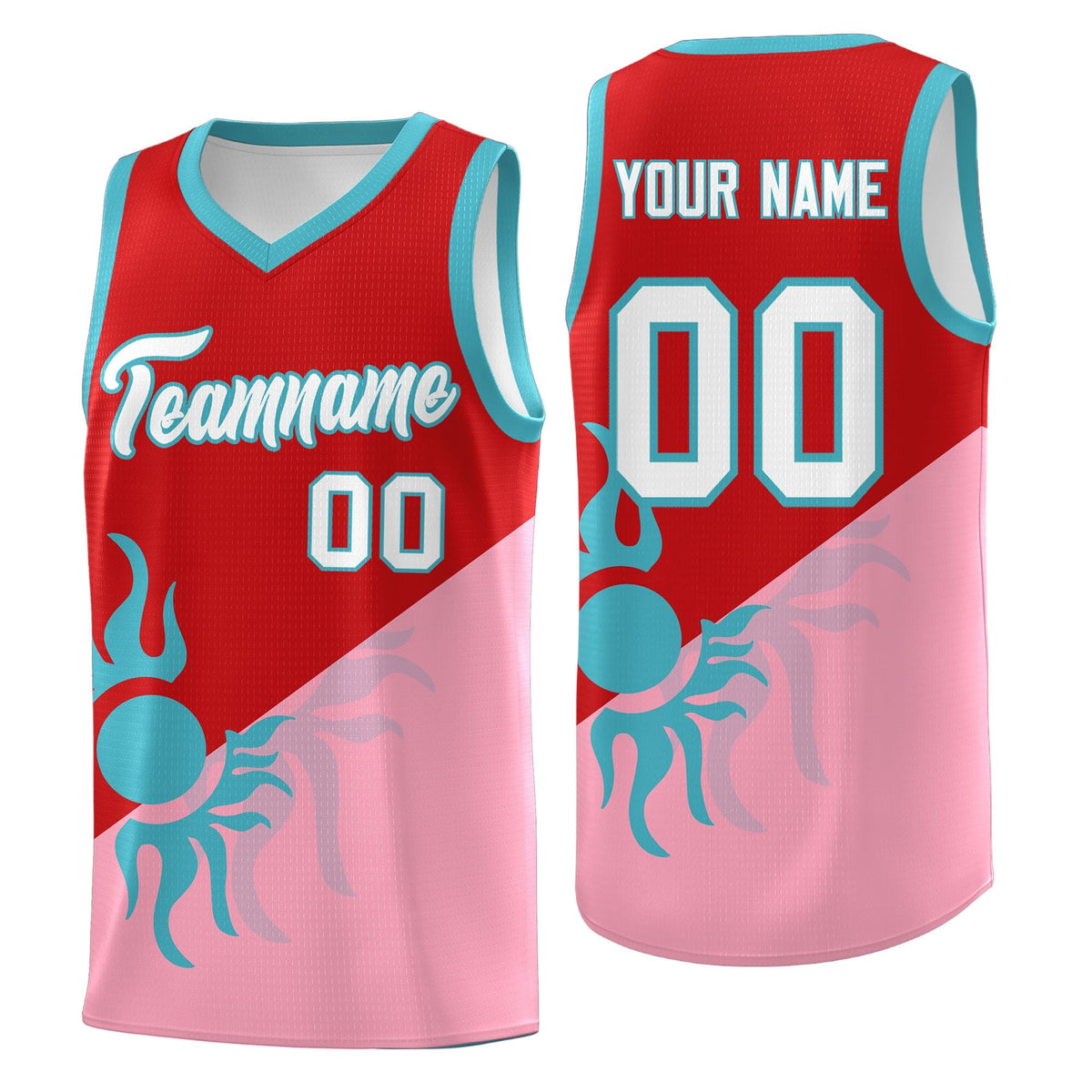 Custom Youth Basketball Jerseys - Red Light Pink Sunburst Design Two Tone Uniforms