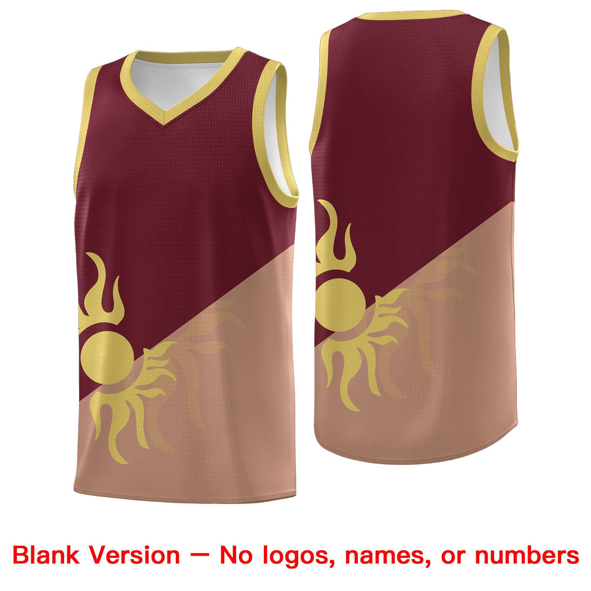 Custom Youth Basketball Jerseys - Maroon Coffee Radiant Sun Design Two Tone Uniforms