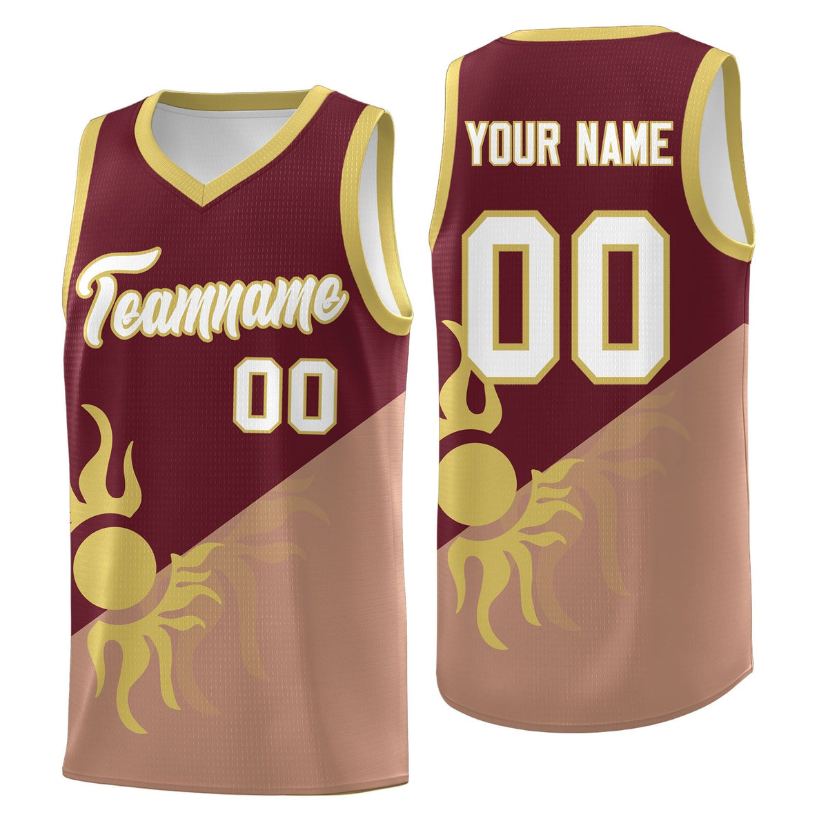 Custom Youth Basketball Jerseys - Maroon Coffee Radiant Sun Design Two Tone Uniforms