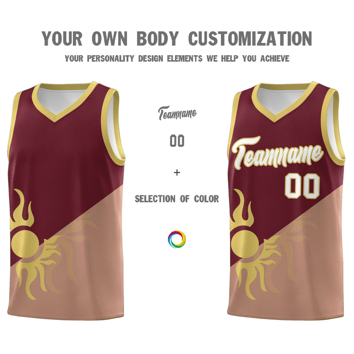 Custom Youth Basketball Jerseys - Maroon Coffee Radiant Sun Design Two Tone Uniforms