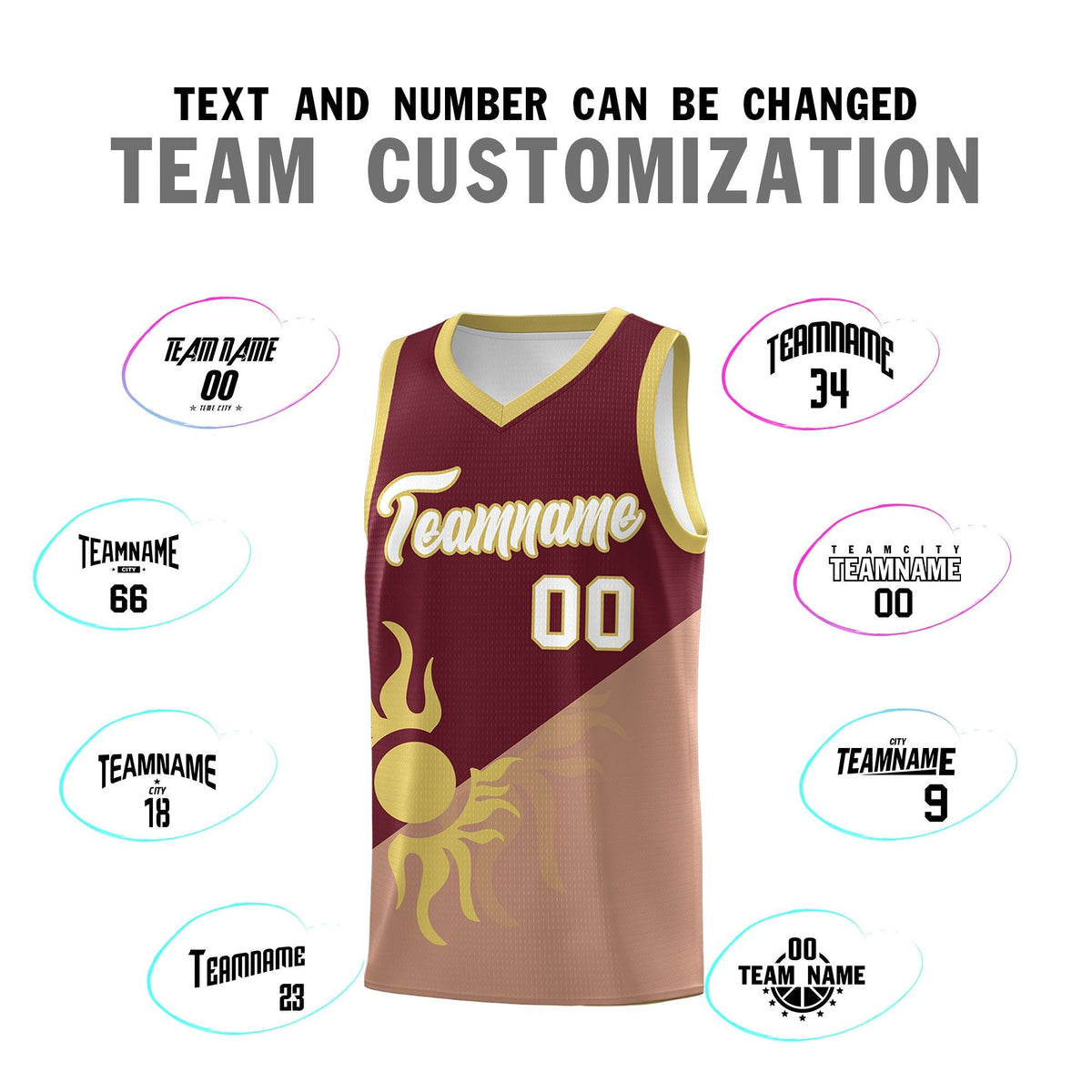 Custom Youth Basketball Jerseys - Maroon Coffee Radiant Sun Design Two Tone Uniforms