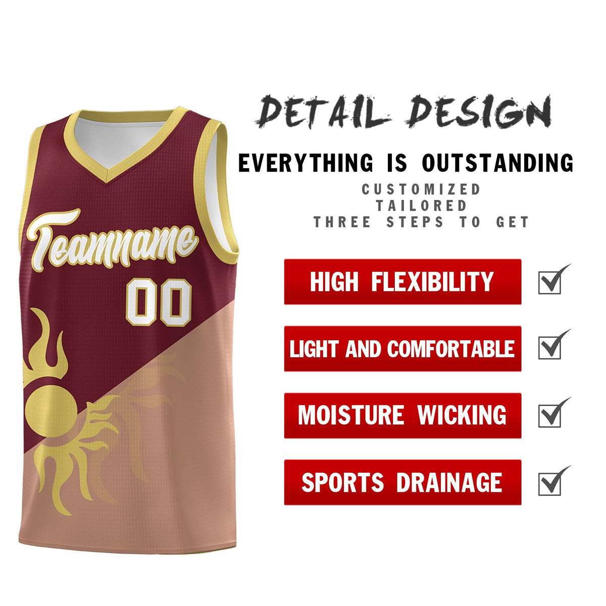Custom Youth Basketball Jerseys - Maroon Coffee Radiant Sun Design Two Tone Uniforms
