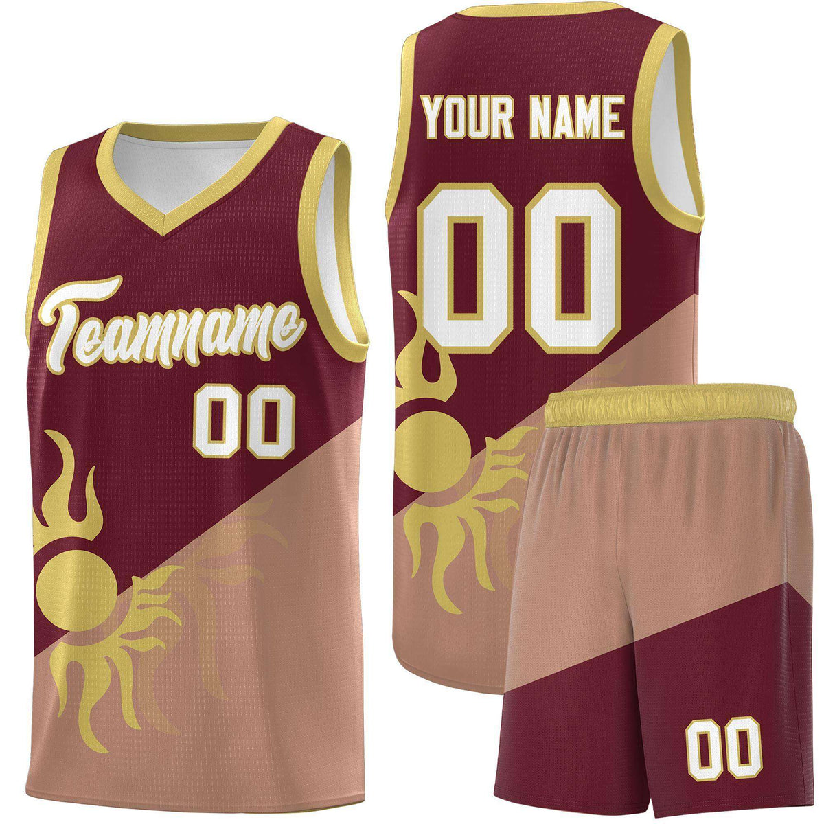 Custom Youth Basketball Jerseys - Maroon Coffee Radiant Sun Design Two Tone Uniforms