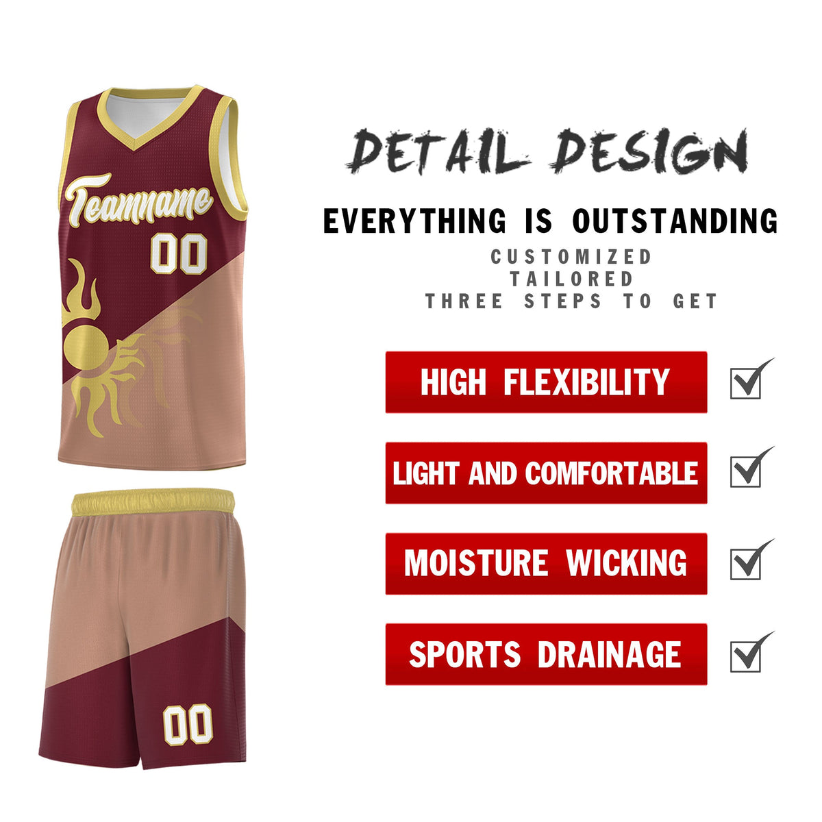 Custom Youth Basketball Jerseys - Maroon Coffee Radiant Sun Design Two Tone Uniforms