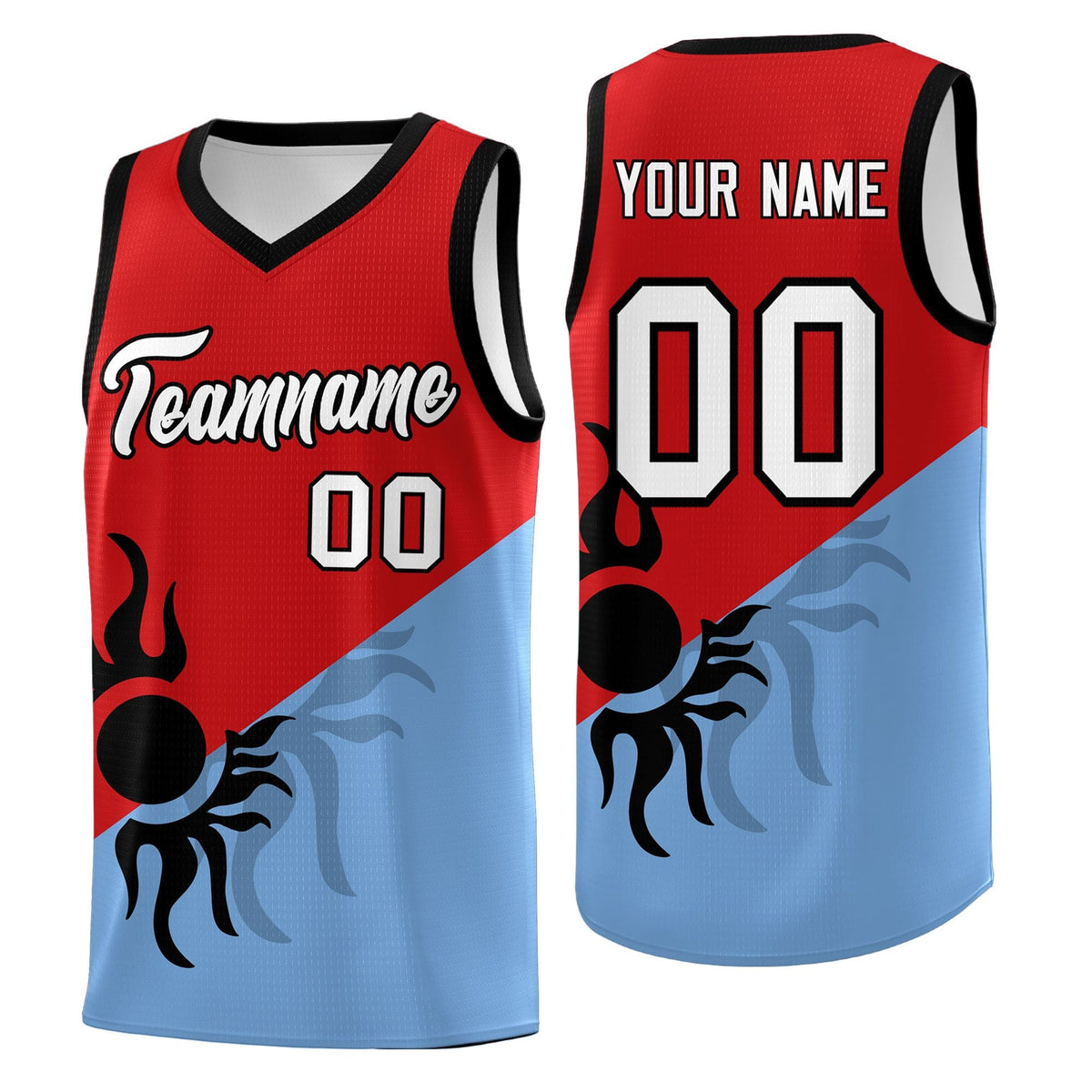 Custom Youth Basketball Jerseys - Red Powder Blue Radiant Sun Design Two Tone Uniforms