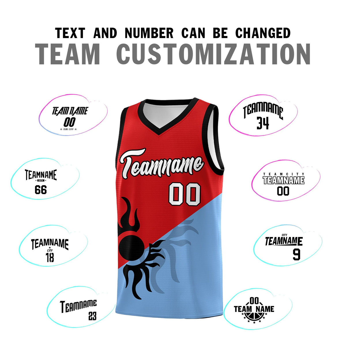 Custom Youth Basketball Jerseys - Red Powder Blue Radiant Sun Design Two Tone Uniforms
