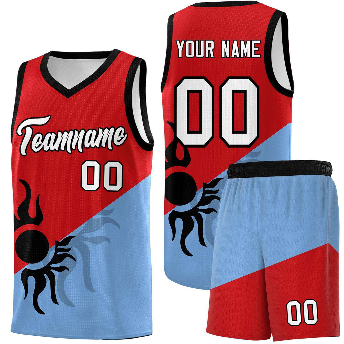 Custom Youth Basketball Jerseys - Red Powder Blue Radiant Sun Design Two Tone Uniforms