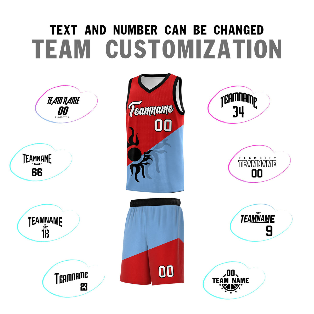 Custom Youth Basketball Jerseys - Red Powder Blue Radiant Sun Design Two Tone Uniforms