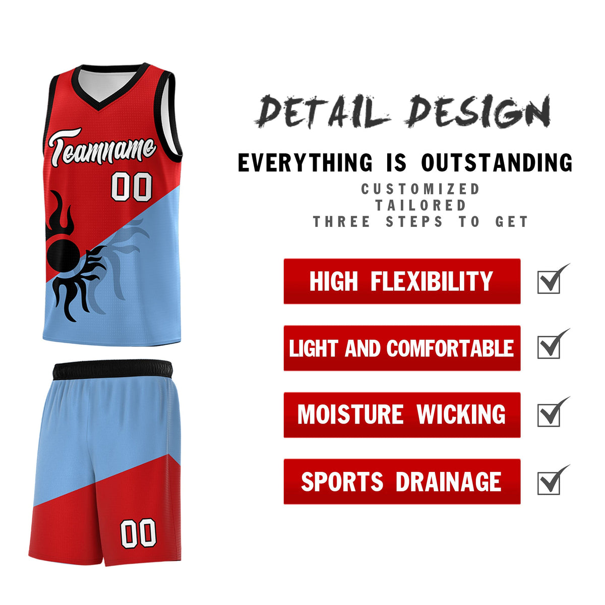 Custom Youth Basketball Jerseys - Red Powder Blue Radiant Sun Design Two Tone Uniforms