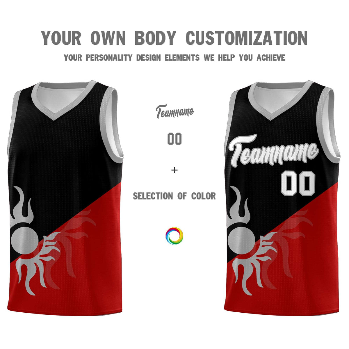 Custom Youth Basketball Jerseys - Black Red Sunburst Design Two Tone Uniforms
