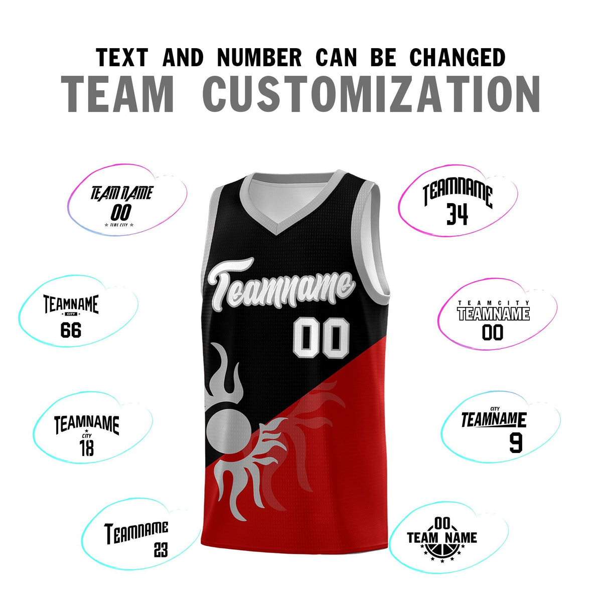 Custom Youth Basketball Jerseys - Black Red Sunburst Design Two Tone Uniforms