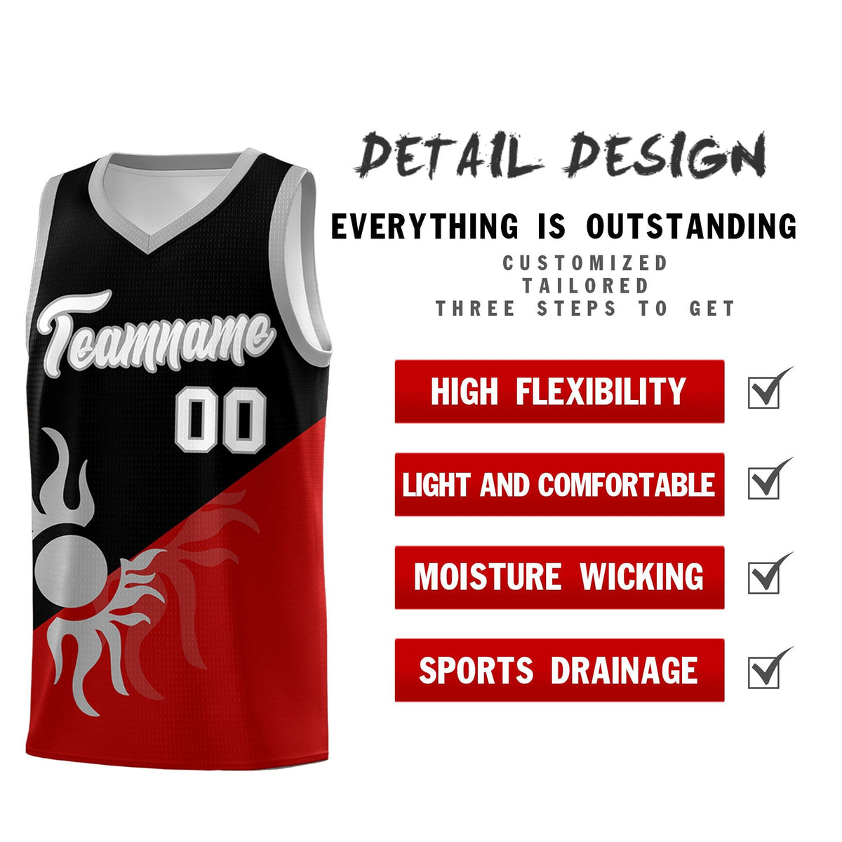 Custom Youth Basketball Jerseys - Black Red Sunburst Design Two Tone Uniforms