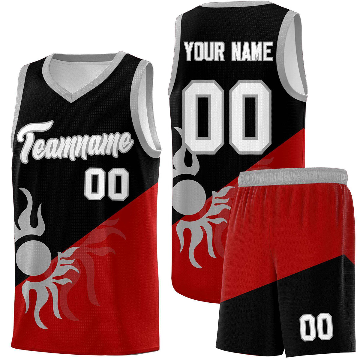 Custom Youth Basketball Jerseys - Black Red Sunburst Design Two Tone Uniforms