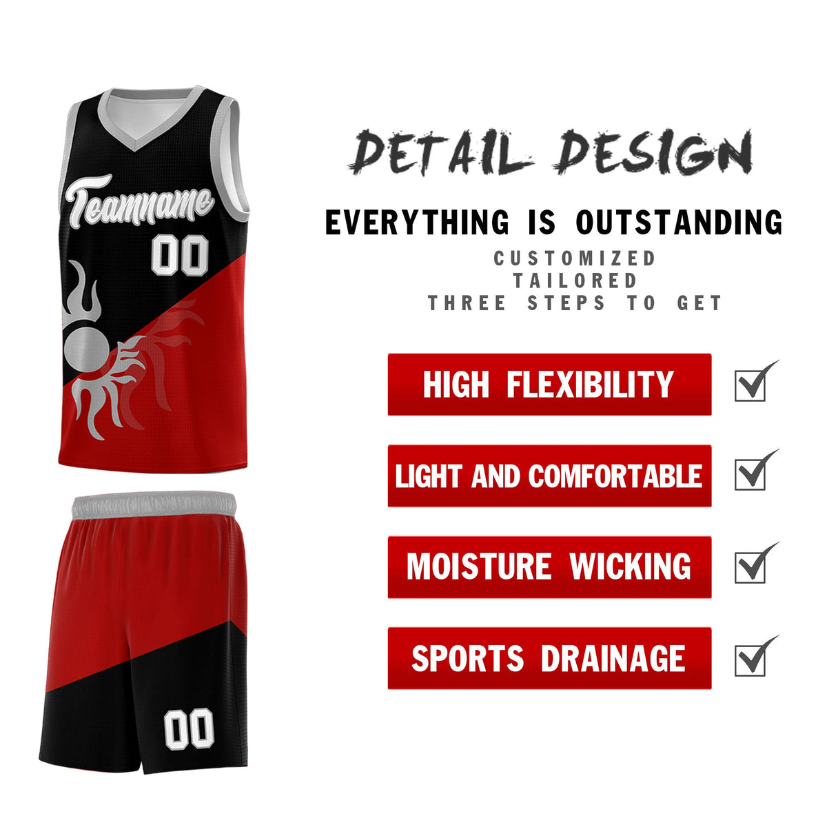Custom Youth Basketball Jerseys - Black Red Sunburst Design Two Tone Uniforms