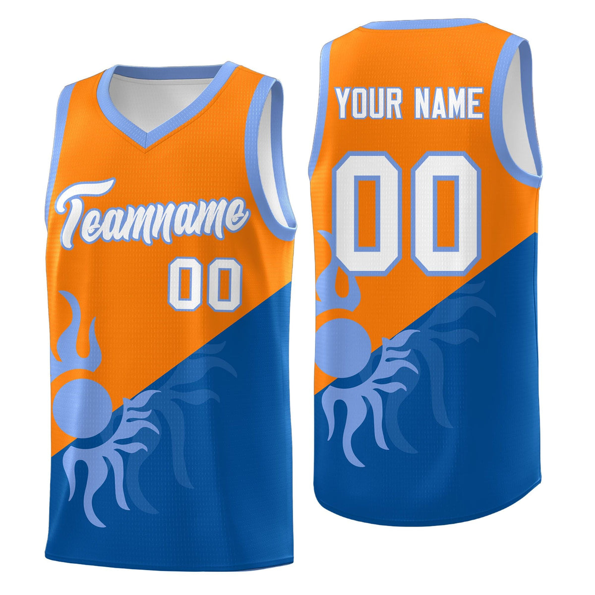 Custom Youth Basketball Jerseys - Royal Orange Sunburst Design Two Tone Uniforms
