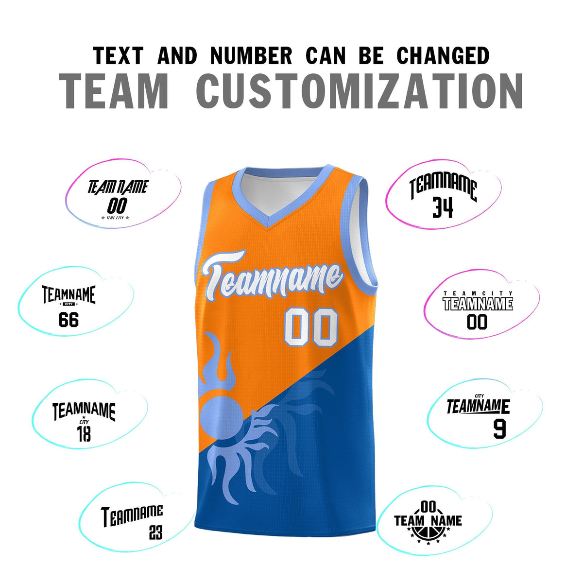Custom Youth Basketball Jerseys - Royal Orange Sunburst Design Two Tone Uniforms