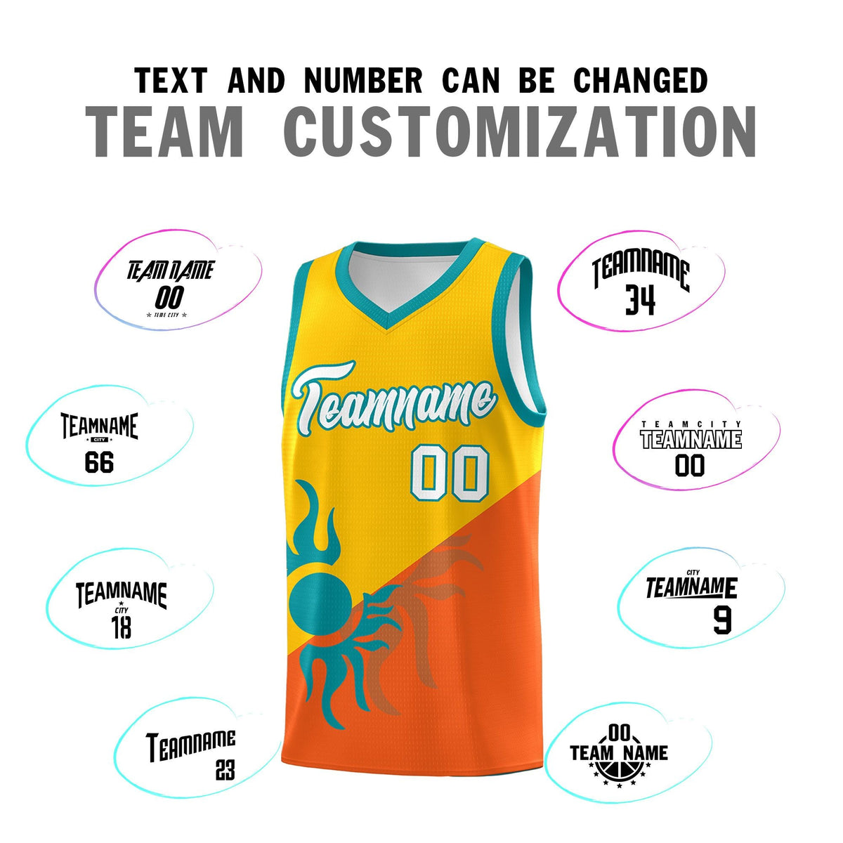 Custom Youth Basketball Jerseys - Yellow Orange Radiant Sun Design Two Tone Uniforms