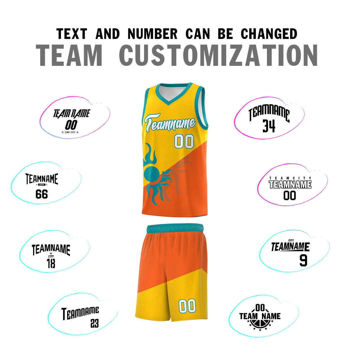Custom Youth Basketball Jerseys - Yellow Orange Radiant Sun Design Two Tone Uniforms