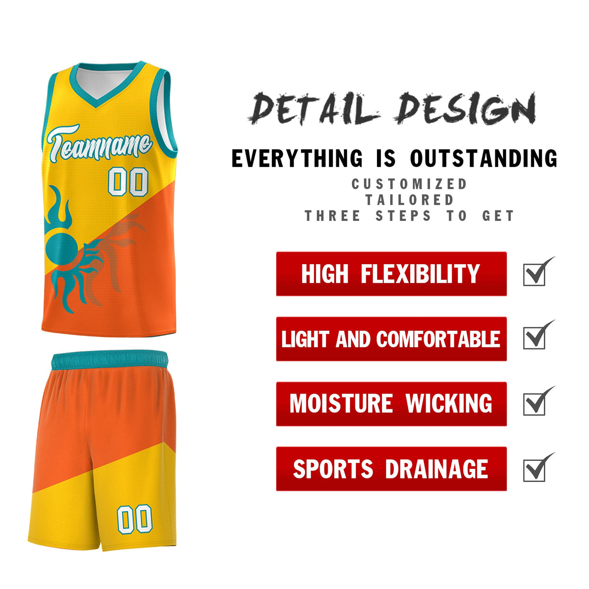 Custom Youth Basketball Jerseys - Yellow Orange Radiant Sun Design Two Tone Uniforms