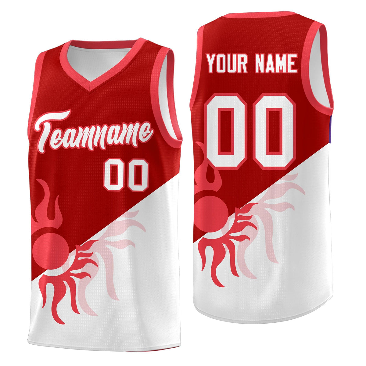 Custom Youth Basketball Jerseys - Red White Sunburst Design Two Tone Uniforms