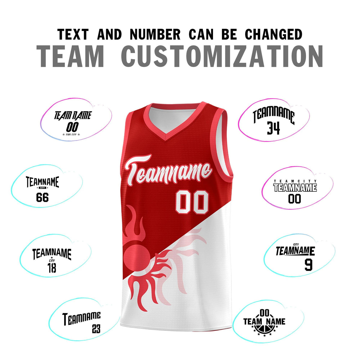 Custom Youth Basketball Jerseys - Red White Sunburst Design Two Tone Uniforms