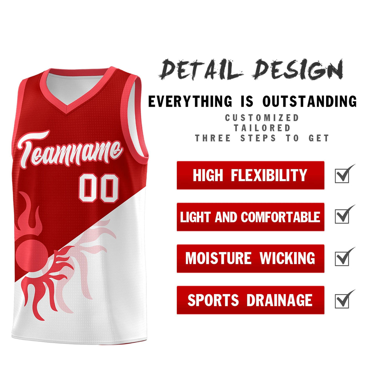 Custom Youth Basketball Jerseys - Red White Sunburst Design Two Tone Uniforms
