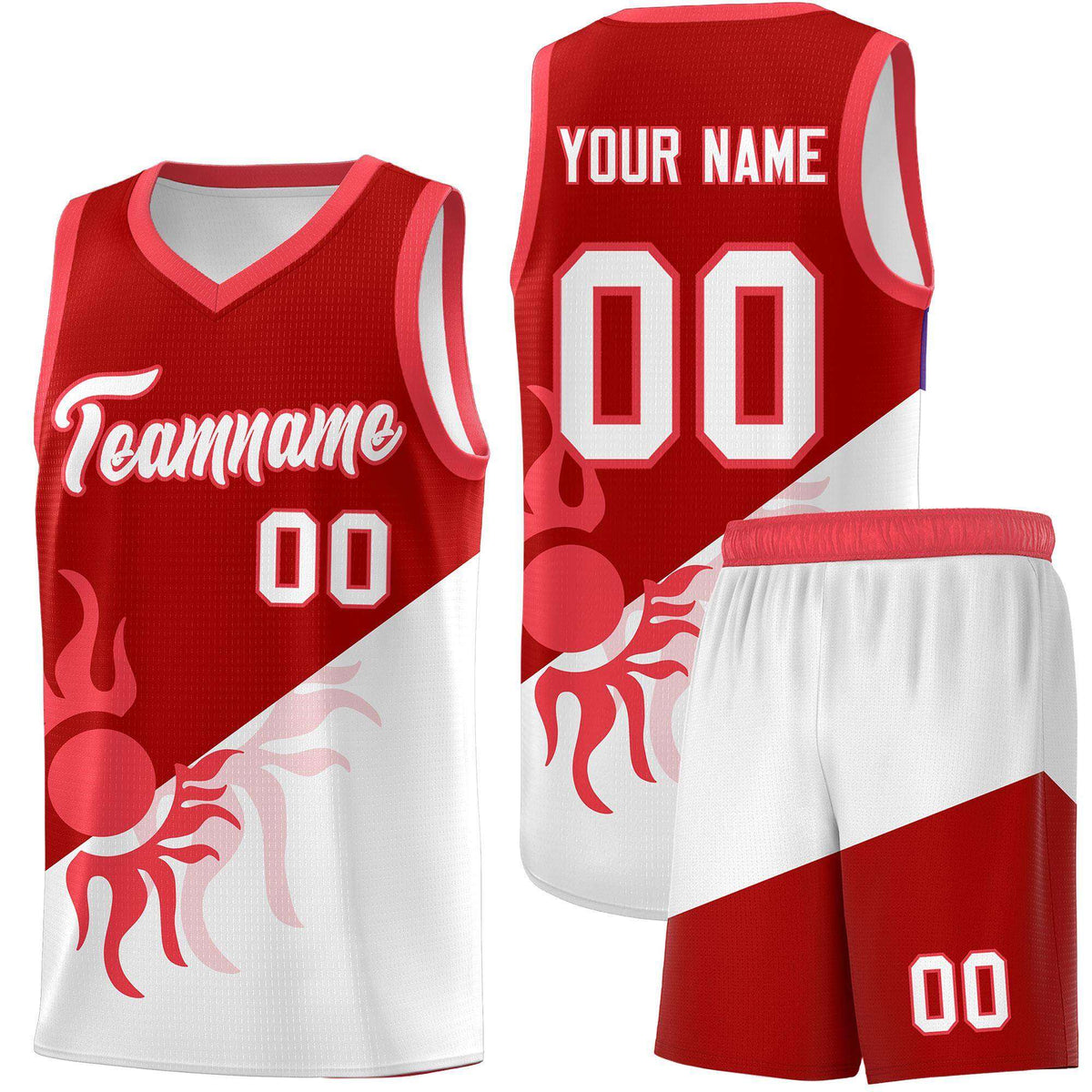 Custom Youth Basketball Jerseys - Red White Sunburst Design Two Tone Uniforms