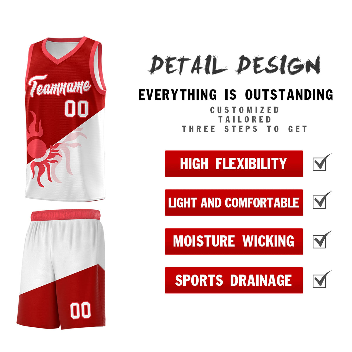 Custom Youth Basketball Jerseys - Red White Sunburst Design Two Tone Uniforms