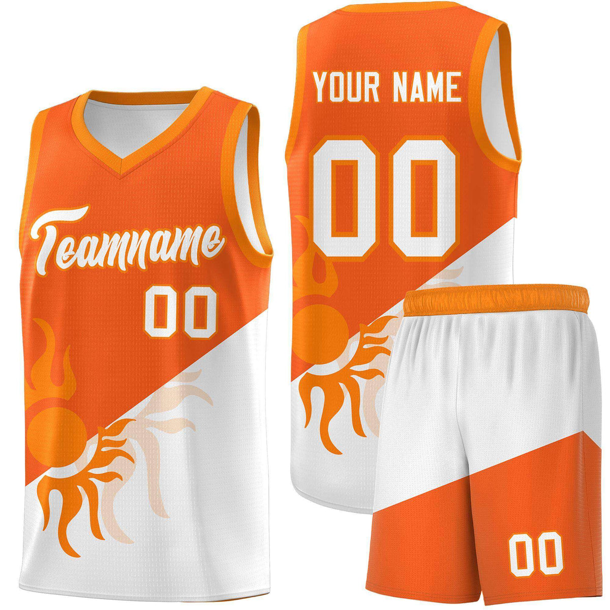Custom Youth Basketball Jerseys - Orange White Radiant Sun Design Two Tone Uniforms