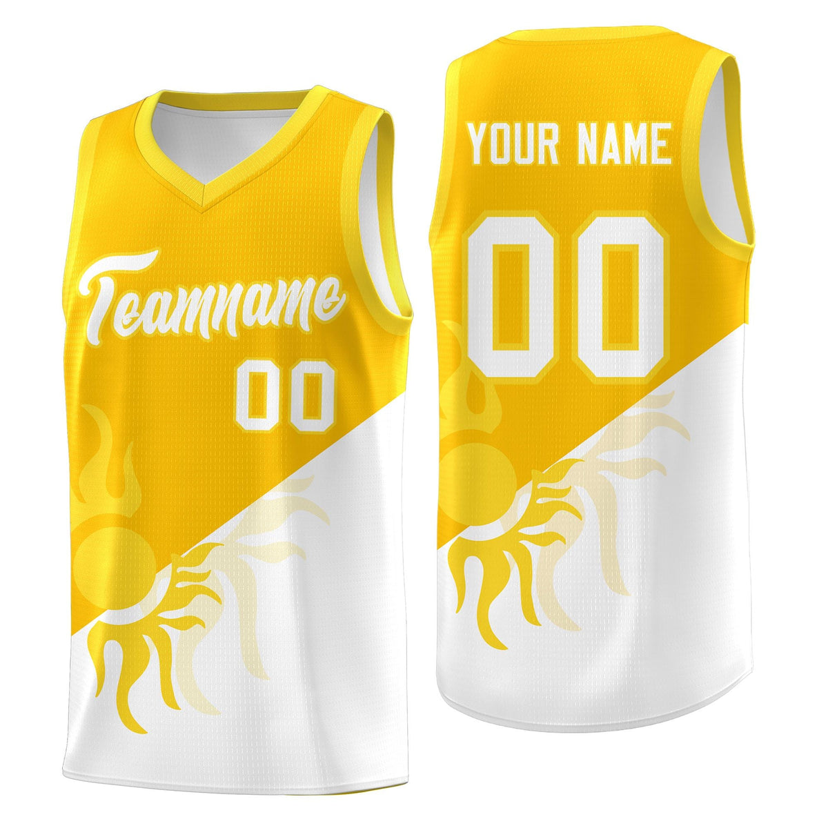 Custom Youth Basketball Jerseys - Yellow White Sunburst Design Two Tone Uniforms