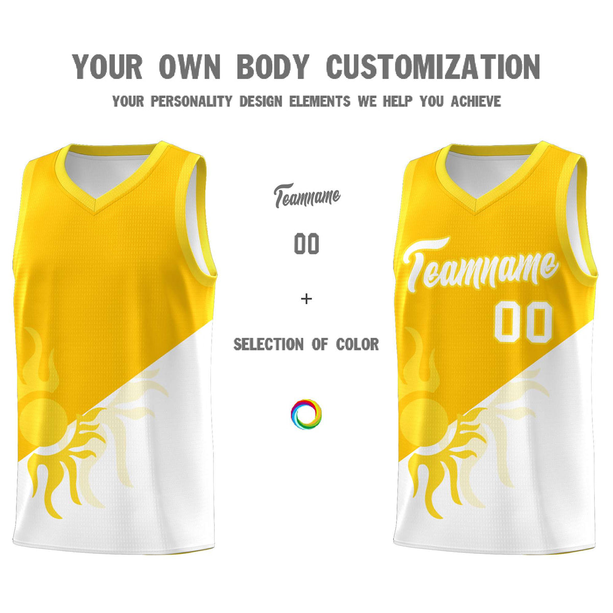 Custom Youth Basketball Jerseys - Yellow White Sunburst Design Two Tone Uniforms
