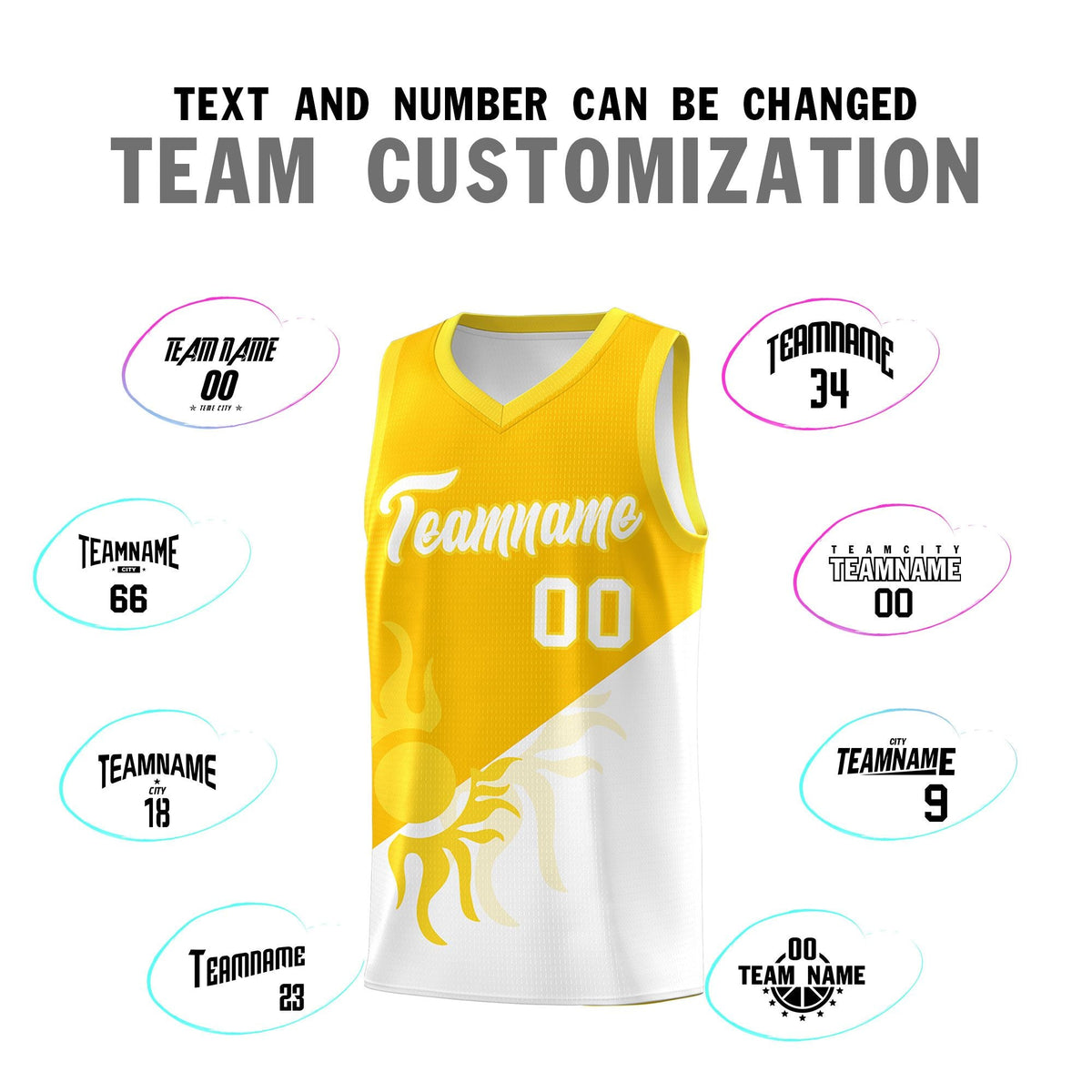 Custom Youth Basketball Jerseys - Yellow White Sunburst Design Two Tone Uniforms