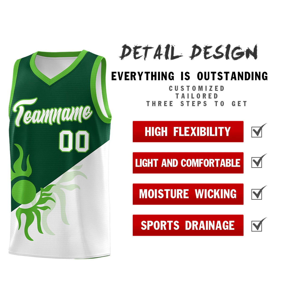 Custom Youth Basketball Jerseys - Kelly Green White Radiant Sun Design Two Tone Uniforms