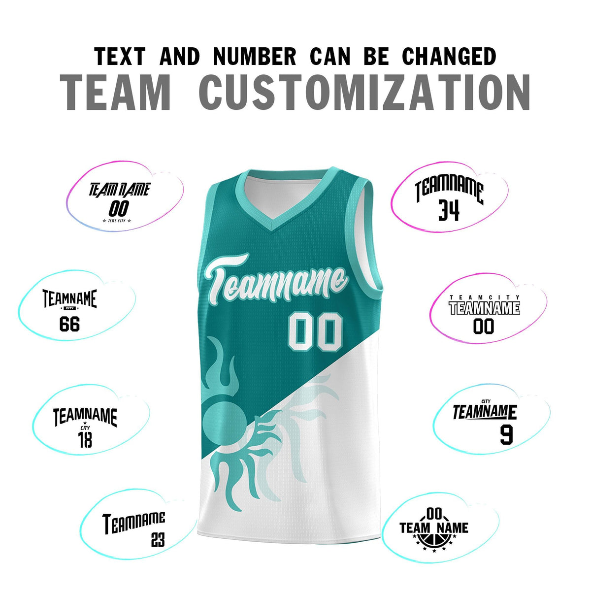 Custom Youth Basketball Jerseys - Teal White Sunburst Design Two Tone Uniforms