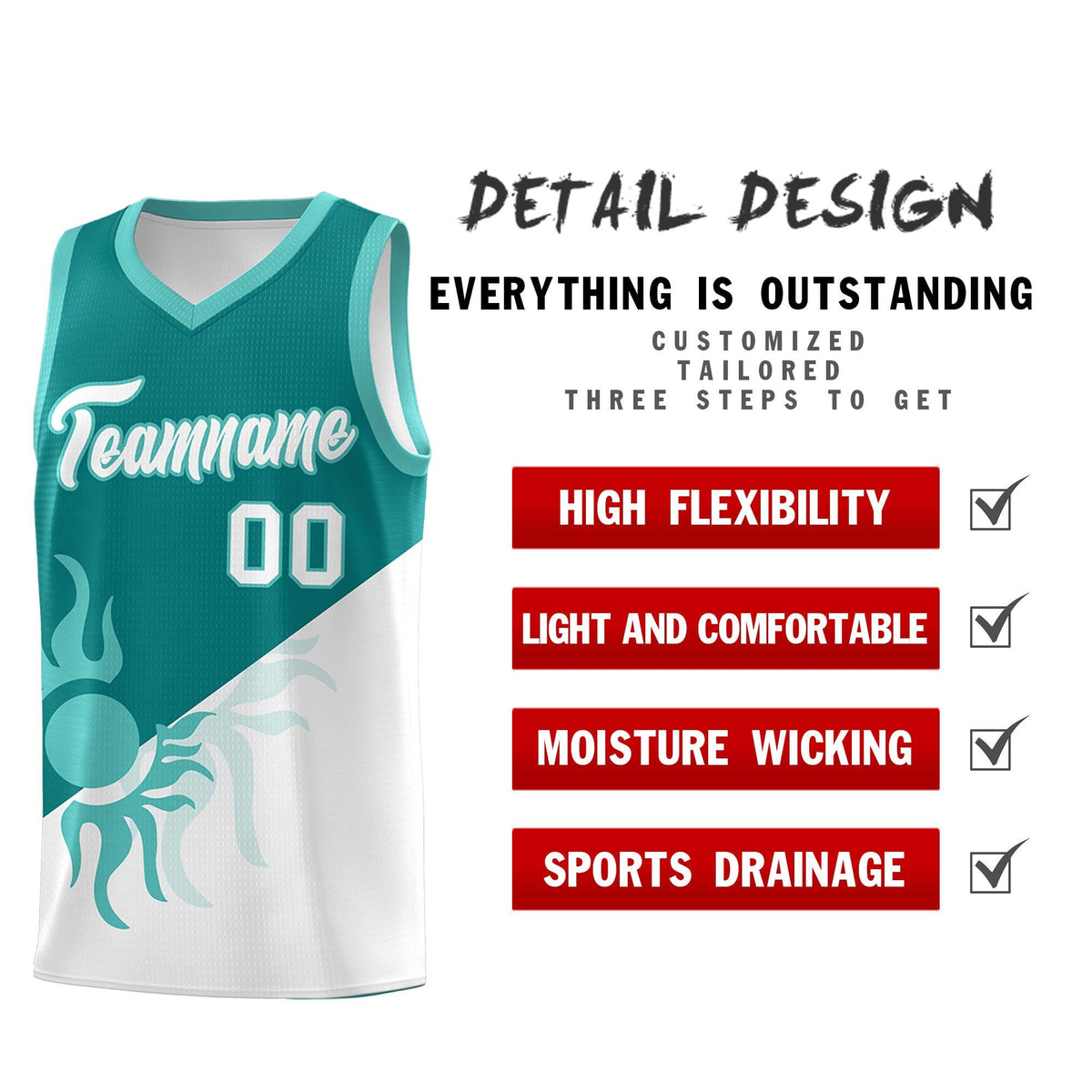 Custom Youth Basketball Jerseys - Teal White Sunburst Design Two Tone Uniforms