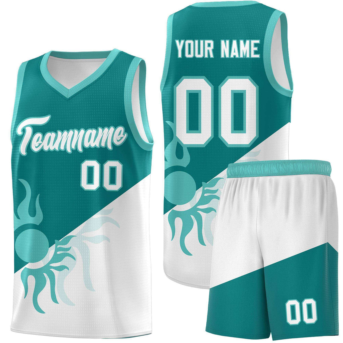 Custom Youth Basketball Jerseys - Teal White Sunburst Design Two Tone Uniforms