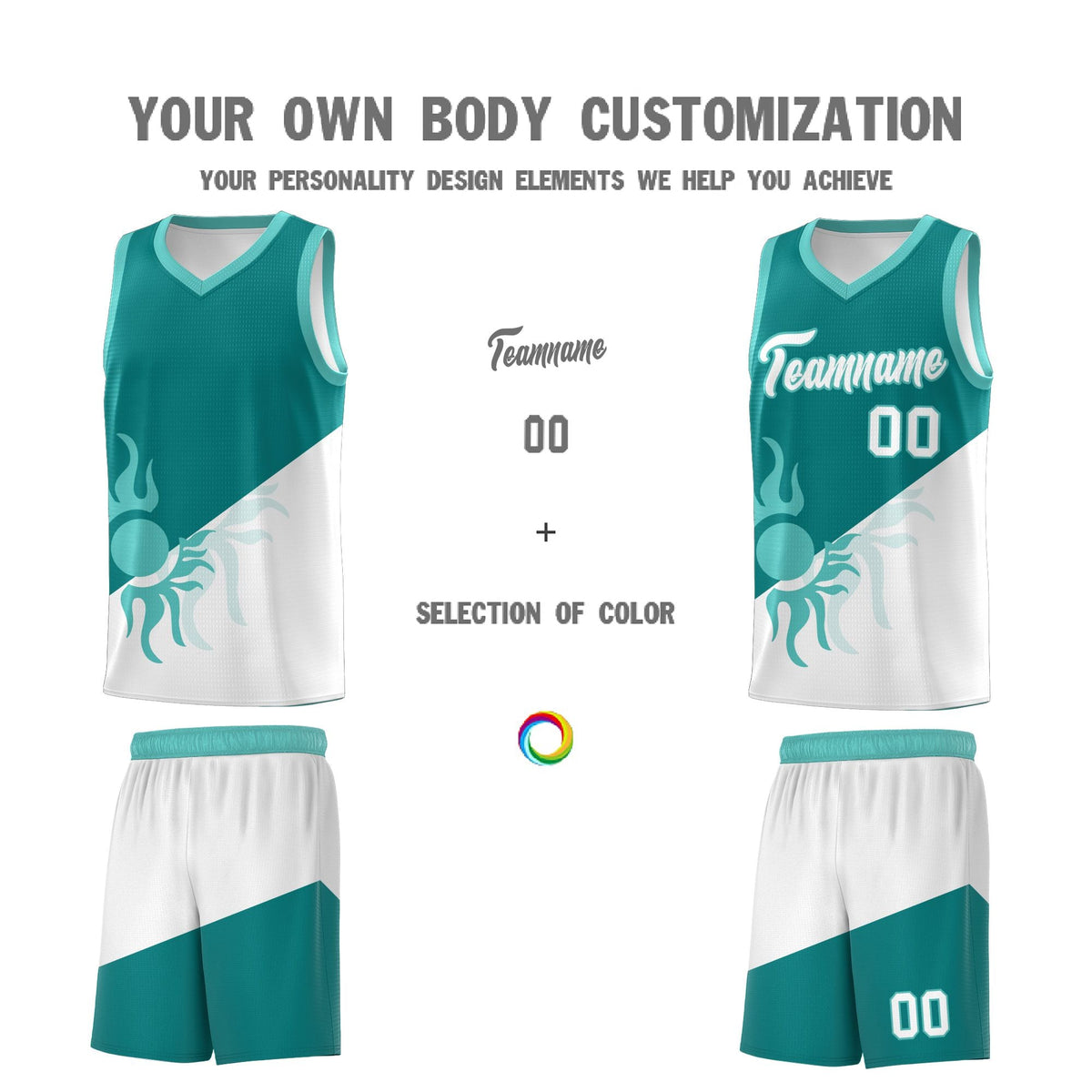 Custom Youth Basketball Jerseys - Teal White Sunburst Design Two Tone Uniforms