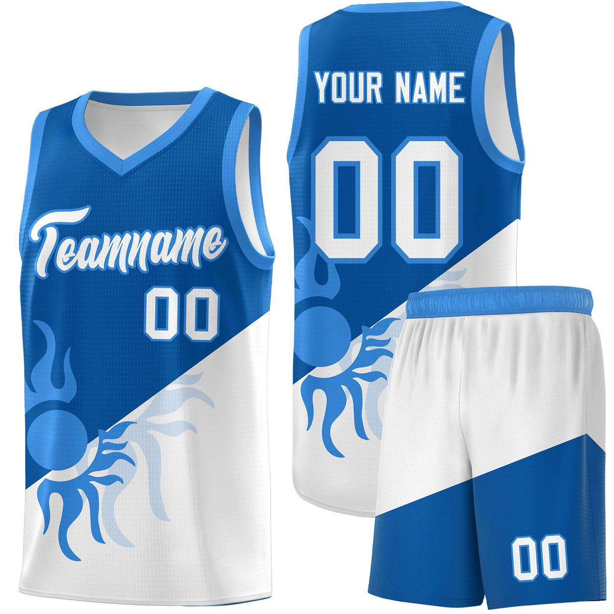 Custom Youth Basketball Jerseys - Royal White Radiant Sun Design Two Tone Uniforms