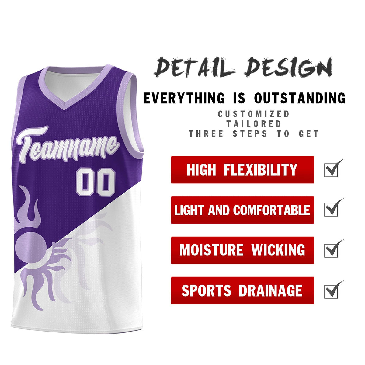 Custom Youth Basketball Jerseys - Purple White Sunburst Design Two Tone Uniforms