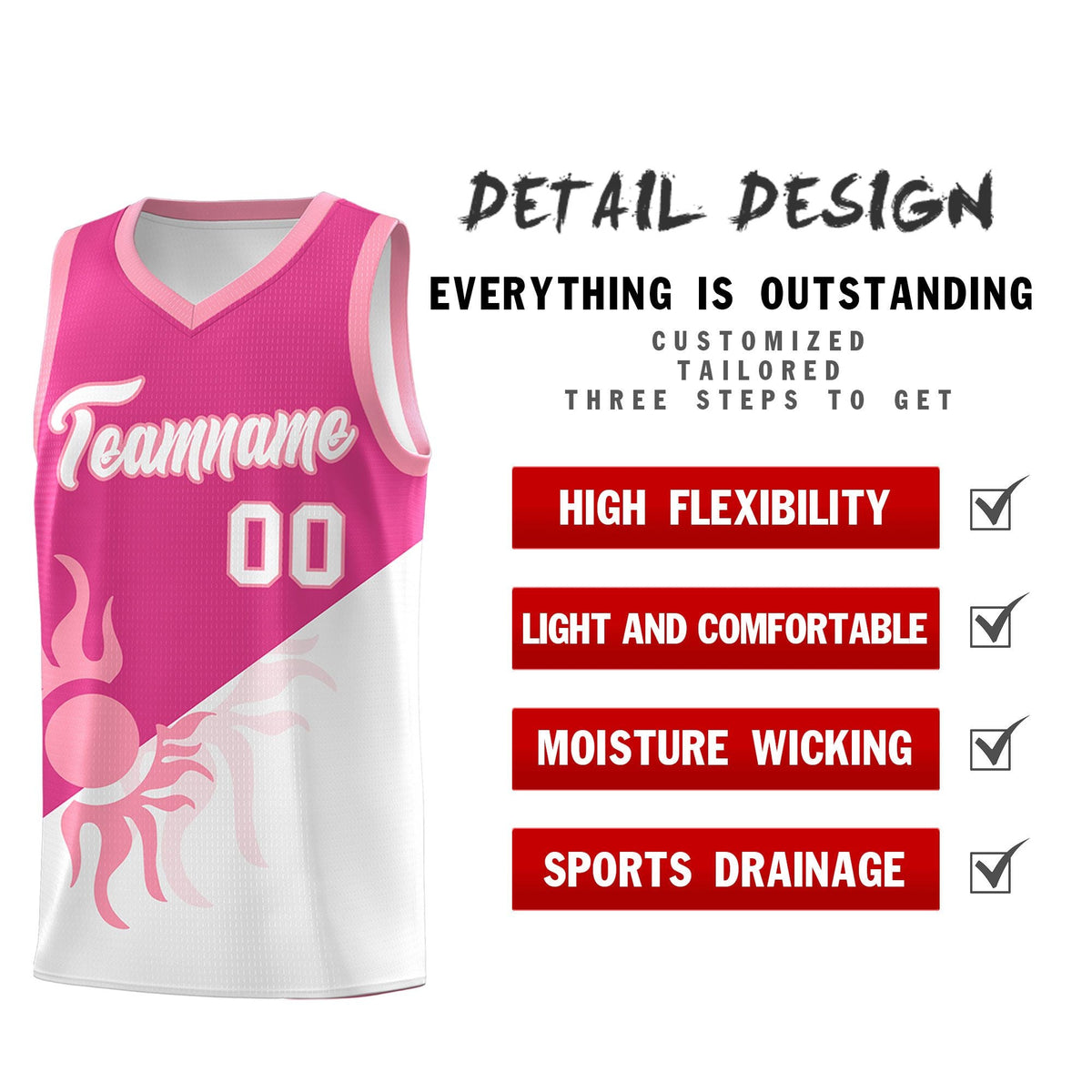 Custom Youth Basketball Jerseys - Rose Red White Radiant Sun Design Two Tone Uniforms