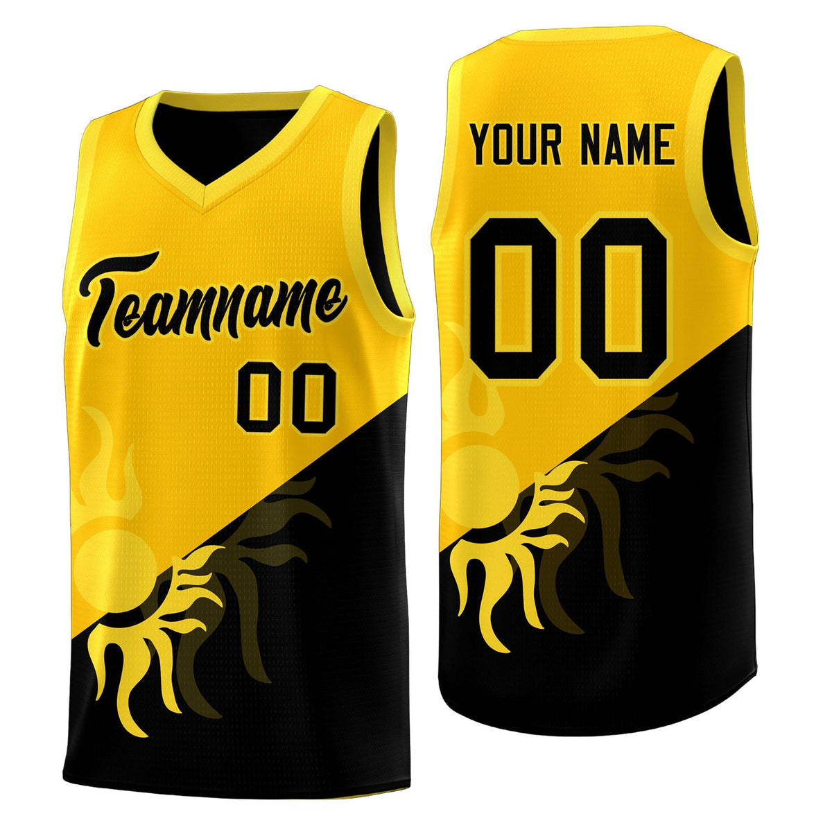 Custom Youth Basketball Jerseys - Yellow Black Sunburst Design Two Tone Uniforms