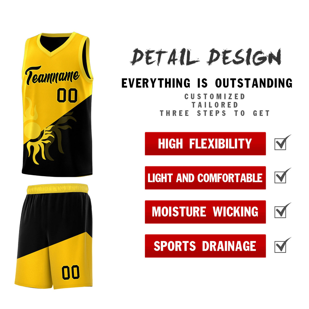 Custom Youth Basketball Jerseys - Yellow Black Sunburst Design Two Tone Uniforms