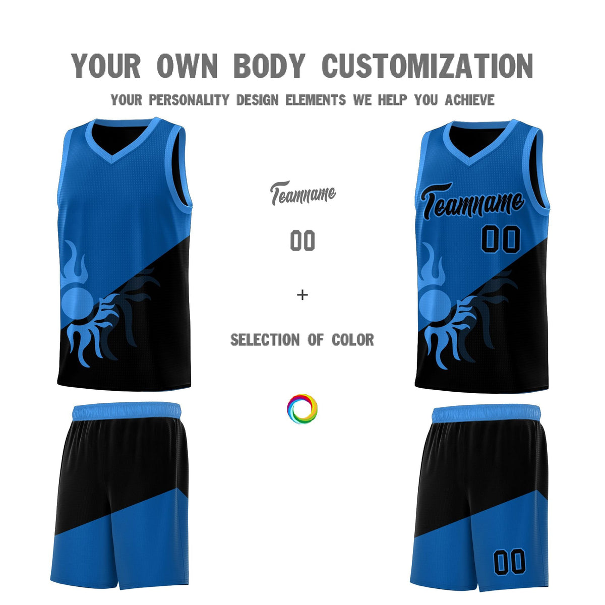 Custom Youth Basketball Jerseys - Royal Black Radiant Sun Design Two Tone Uniforms