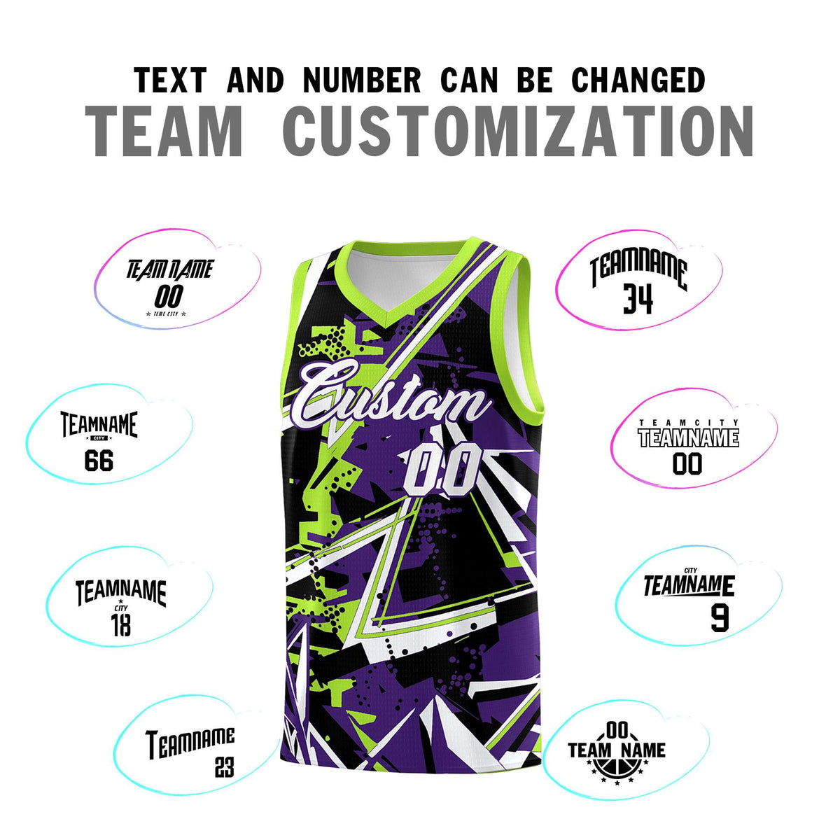Custom Youth Basketball Jerseys Purple Neon Green Abstract Graffiti Personalized Team Name &amp; Number