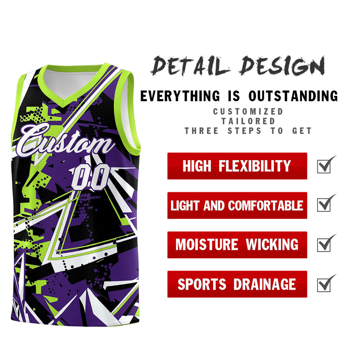Custom Youth Basketball Jerseys Purple Neon Green Abstract Graffiti Personalized Team Name &amp; Number