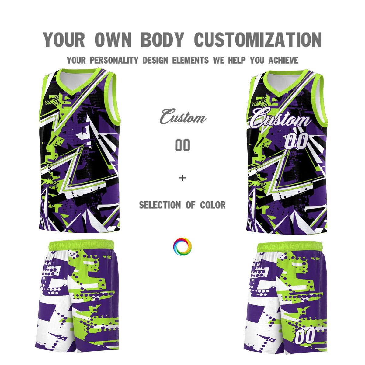 Custom Youth Basketball Jerseys Purple Neon Green Abstract Graffiti Personalized Team Name &amp; Number